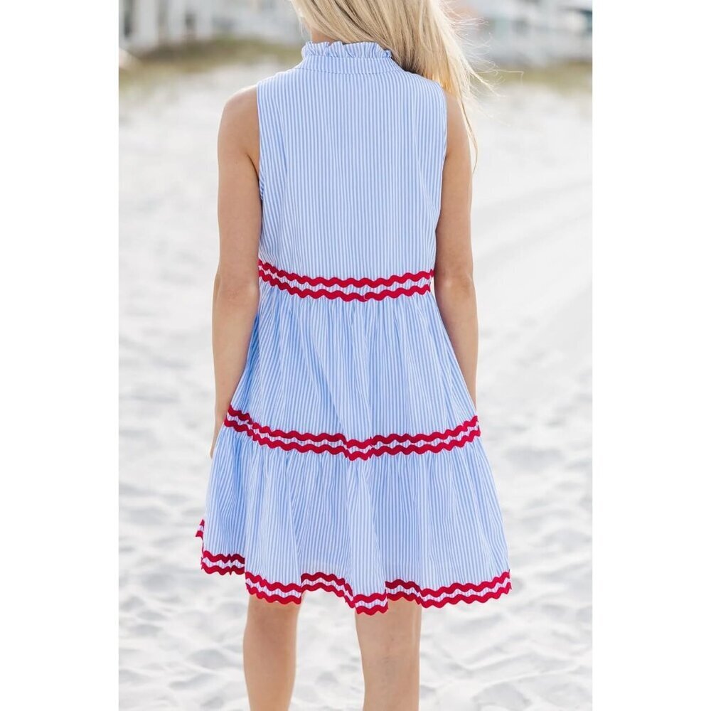 Women's Cotton Striped Ruffled Sleeveless A-Line Dress Medium - Picture 5 of 5